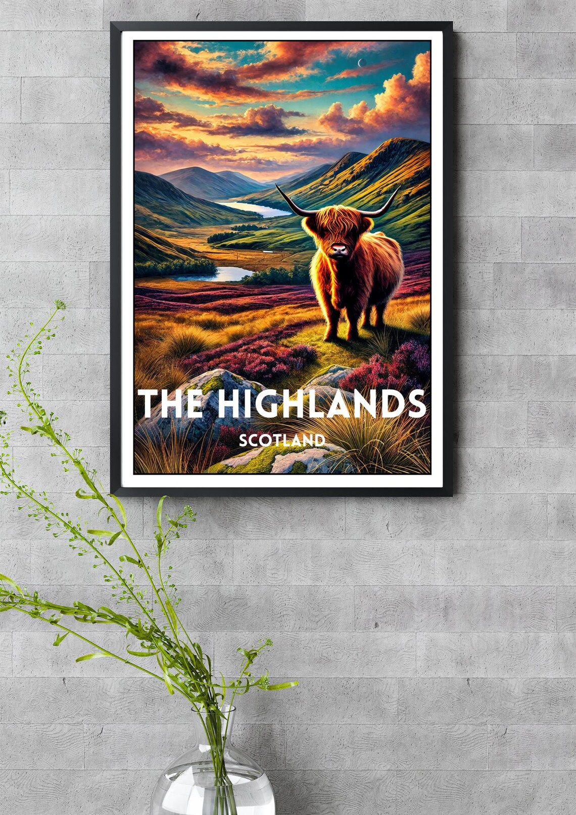 Scottish Highlands Highland Cow Heather Hills Sunset Vintage Poster - Image 3