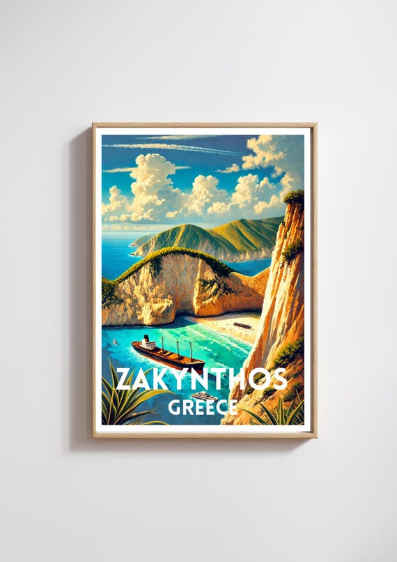 Zakynthos Greece Travel Poster, Navagio Beach Print