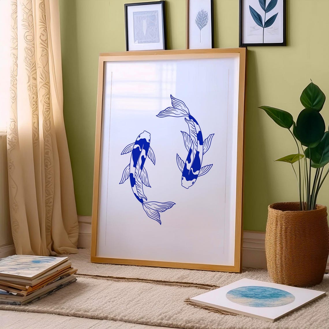 Pair of Blue Koi Fish Elegant Line Art Zen Circle Swim Poster - Image 3
