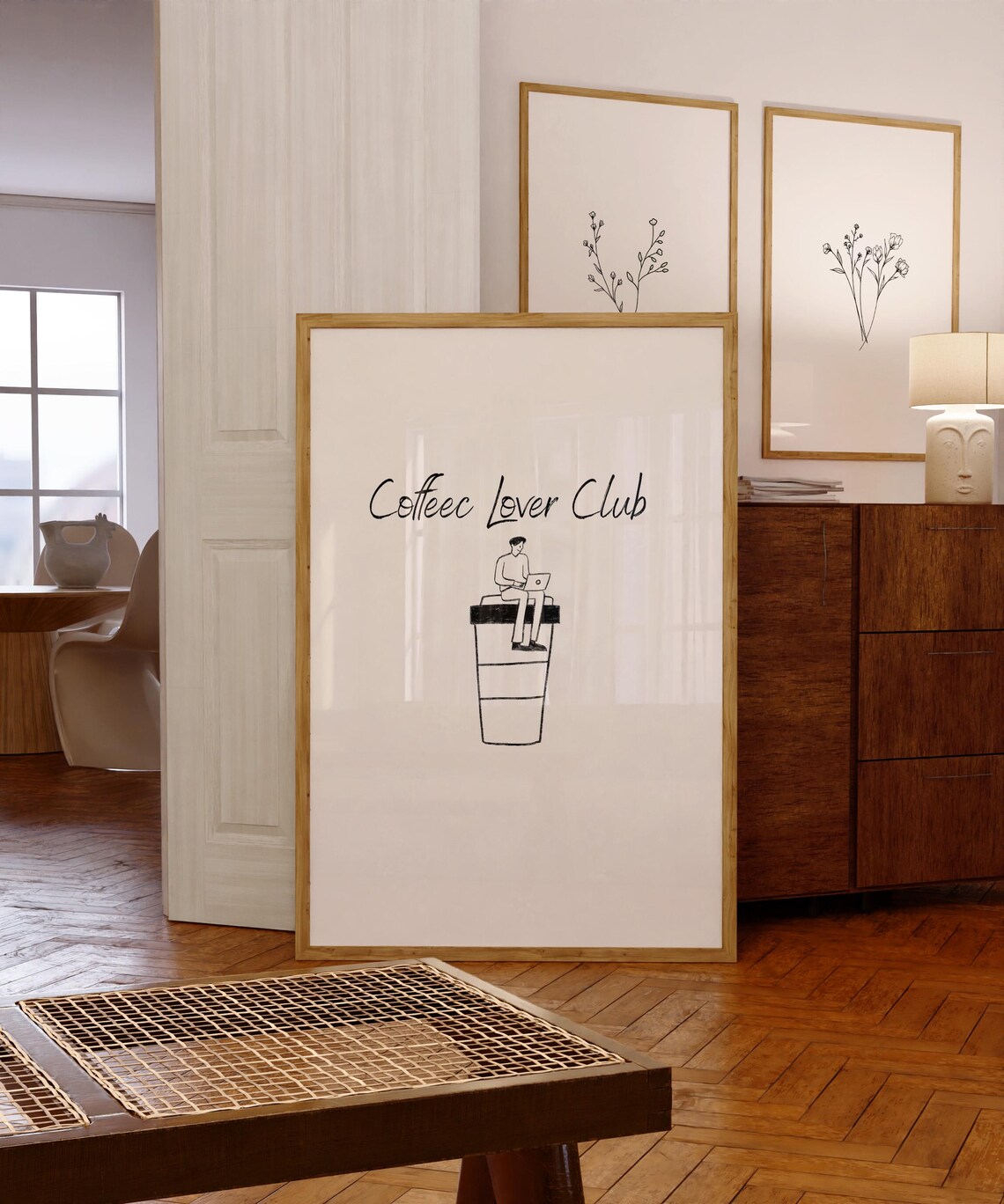Coffee Lover Club Doodle Man On Giant Cup Minimalist Kitchen Poster