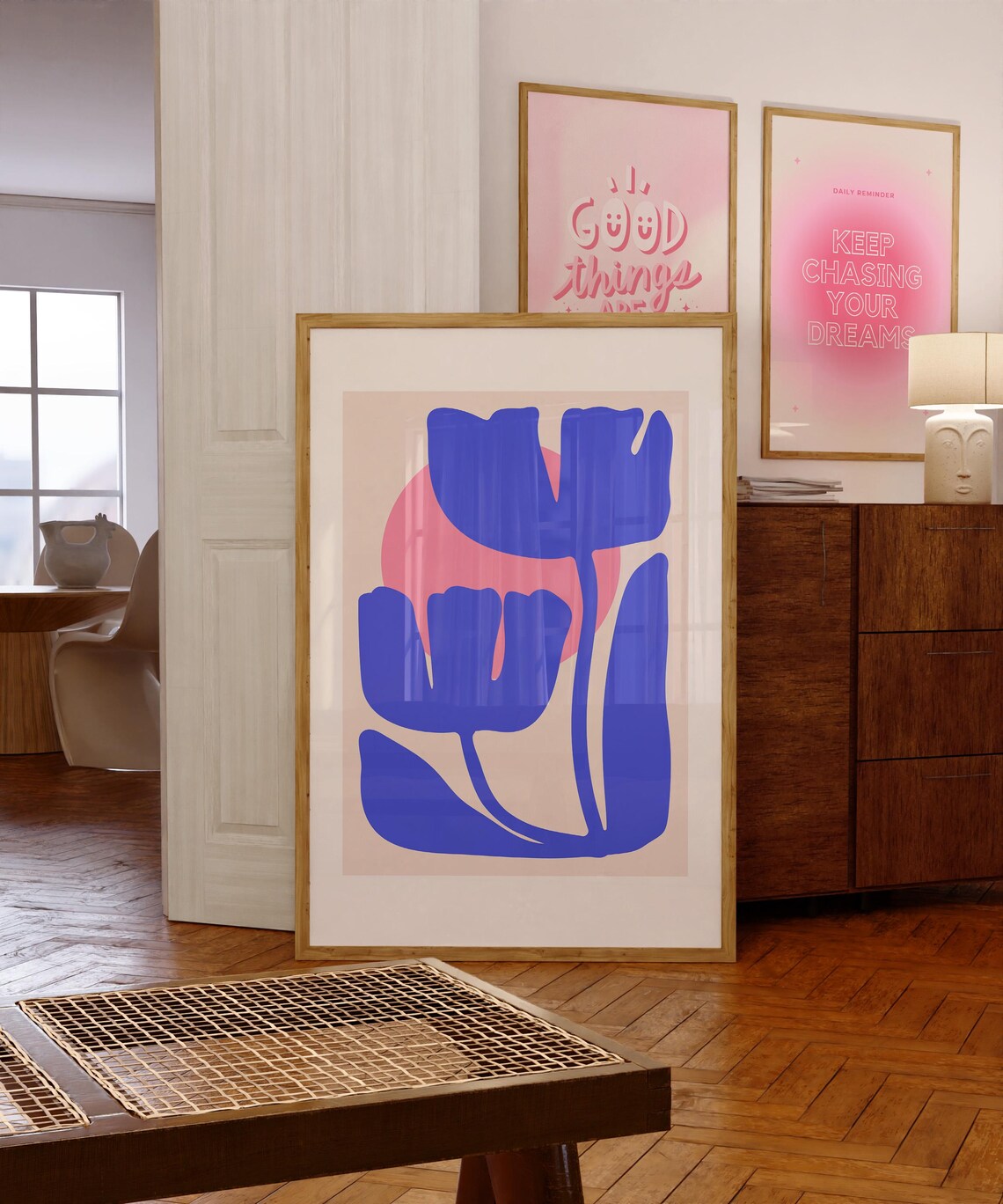 Cobalt Blue Abstract Flowers With Pink Sun Boho Botanical Poster
