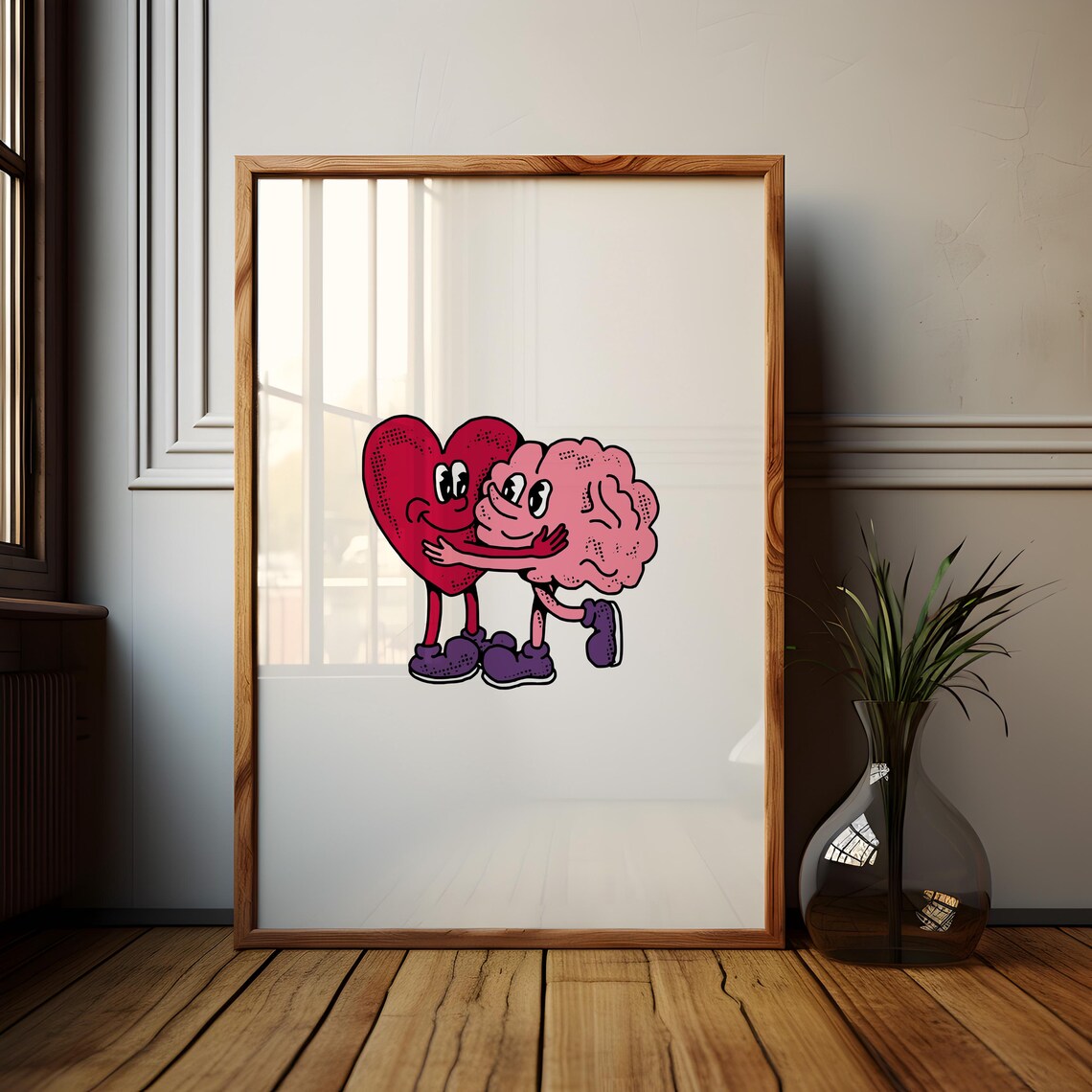 Hugging Heart and Brain Retro Cartoon Best Friends Forever Art Poster - Image 4