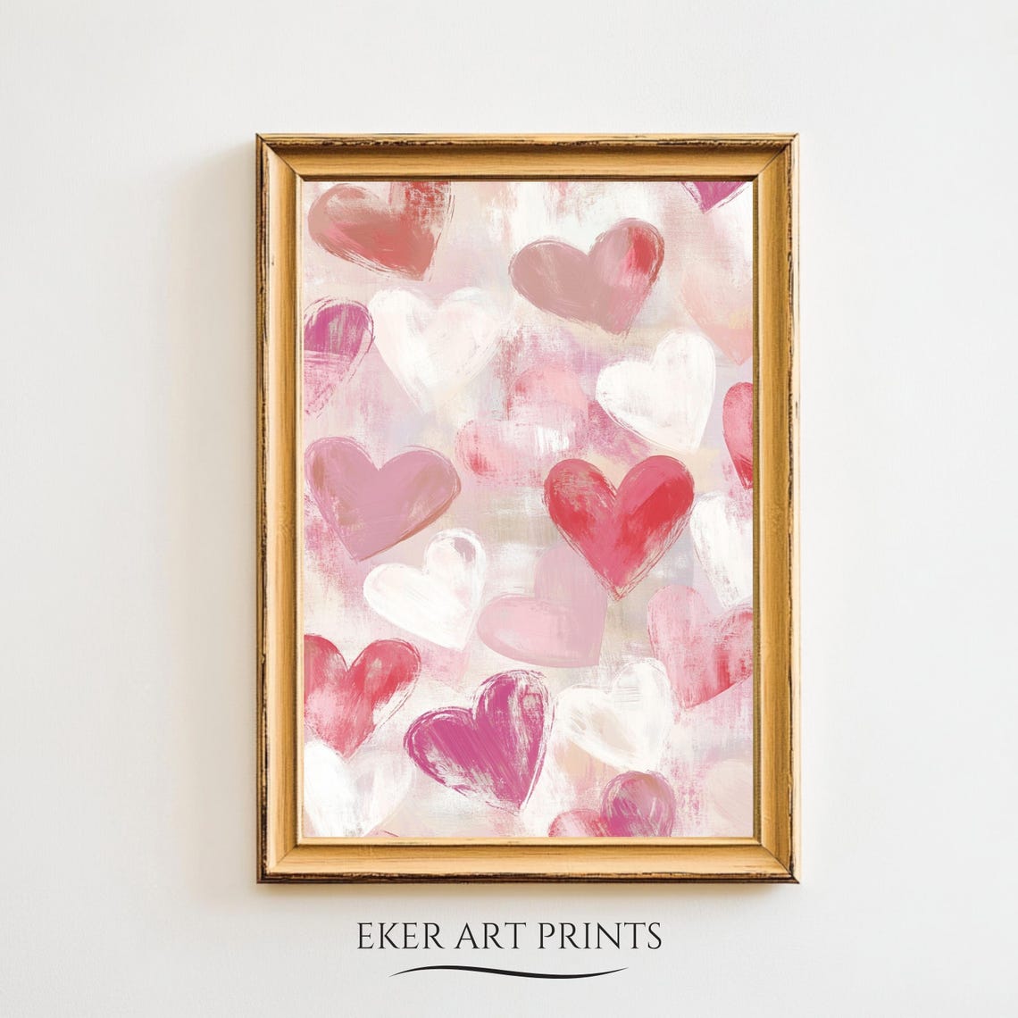 Red Pink White Hearts Painterly Valentines Love Pattern Wall Art Print