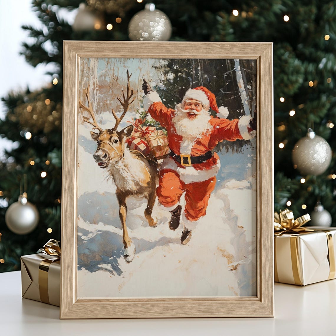 Joyful Santa Dancing With Reindeer Gifts Snowy Forest Vintage Print - Image 3