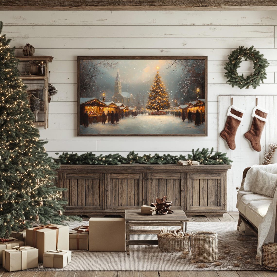 Frame Tv Winter Art Oil Painting Of A Winter Christmas Town Frame Tv Art Classic Christmas Village Tv Art Christmas Frame Tv Art - Image 3
