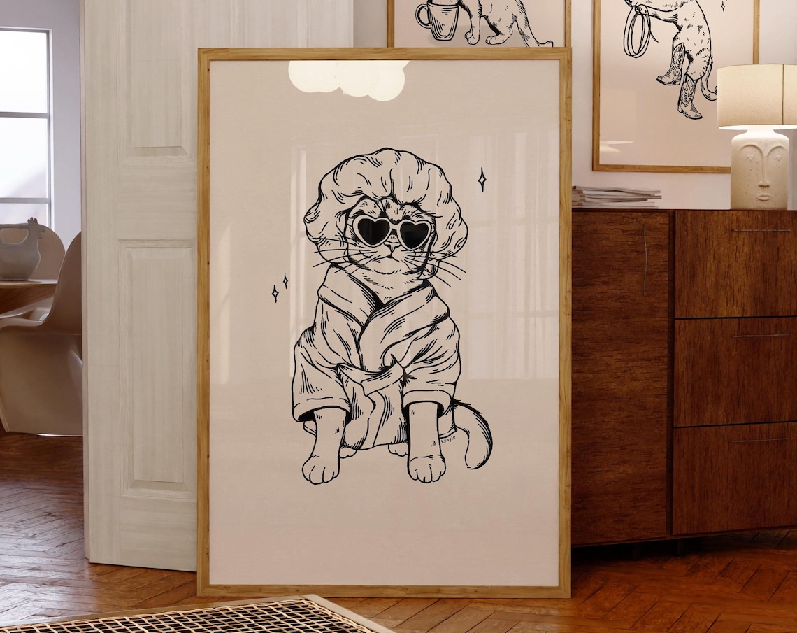Cool Cat After Bath Retro Bathroom Art Print