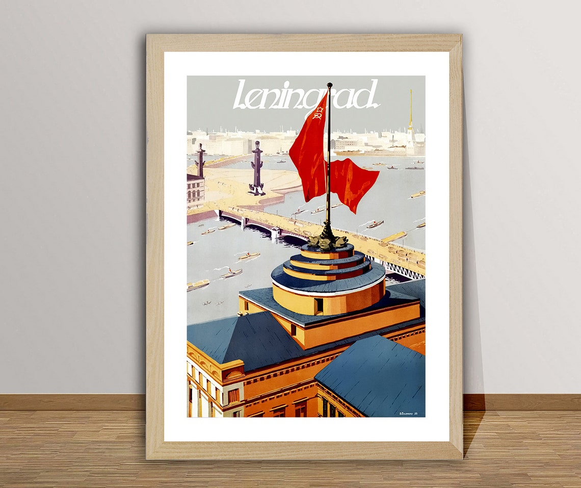 Leningrad Red Flag Neva River Soviet Vintage Travel Art Poster