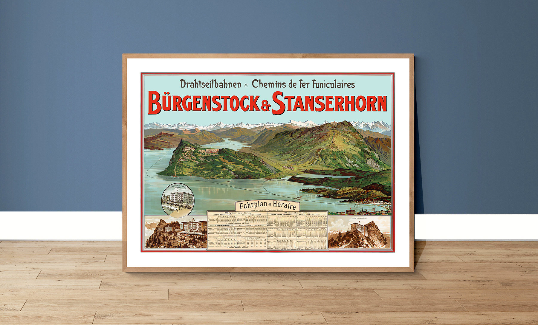 Bürgenstock Stanserhorn Funicular Swiss Lake Timetable Travel Poster