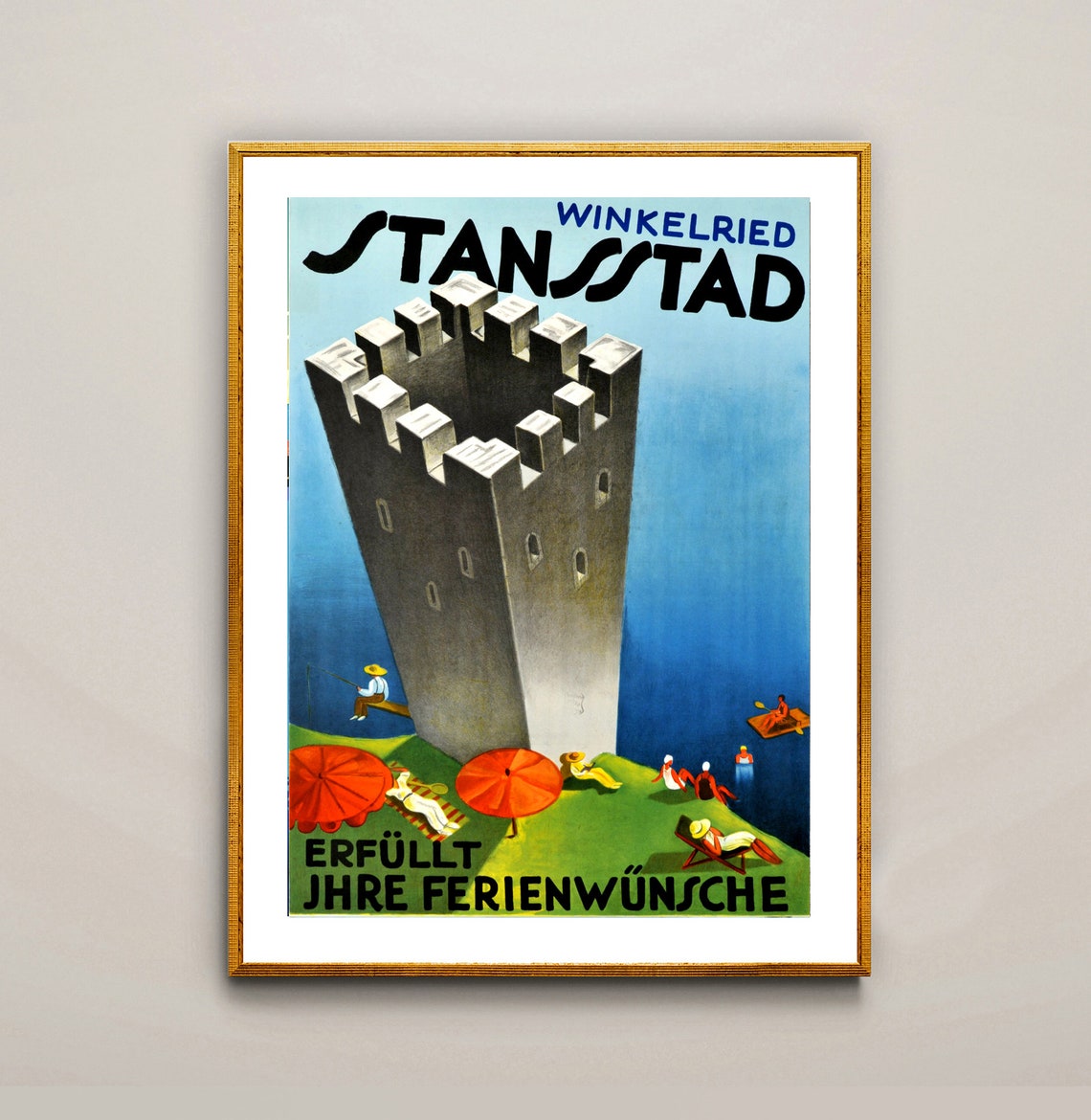 Winkelried Stansstad Lakeside Tower Beach Bathers Swiss Travel Poster - Image 2