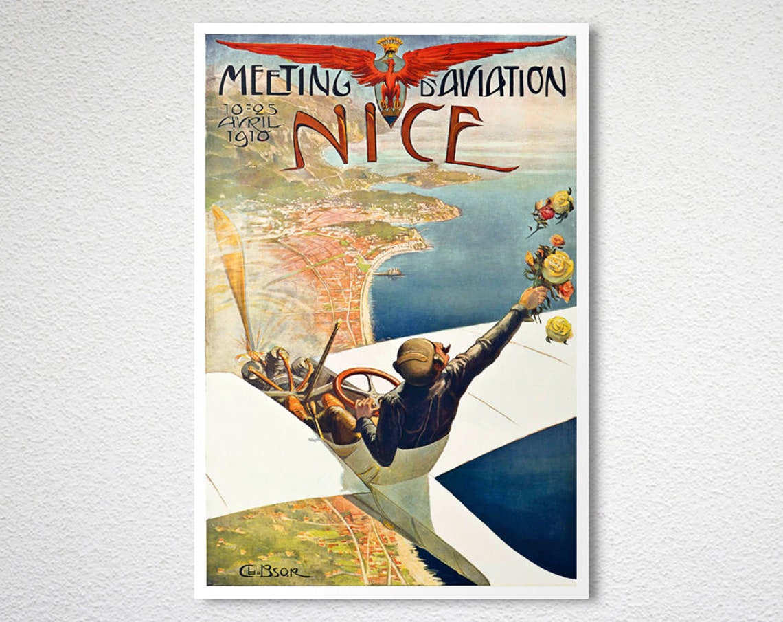 Nice 1910 Meeting d'Aviation Biplane Pilot Vintage Aviation Poster - Image 2