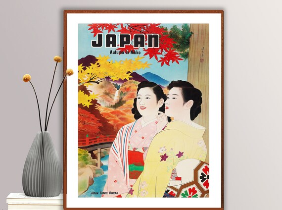 Japan Autumn in Nikko Kimono Women Maple Foliage Travel Poster