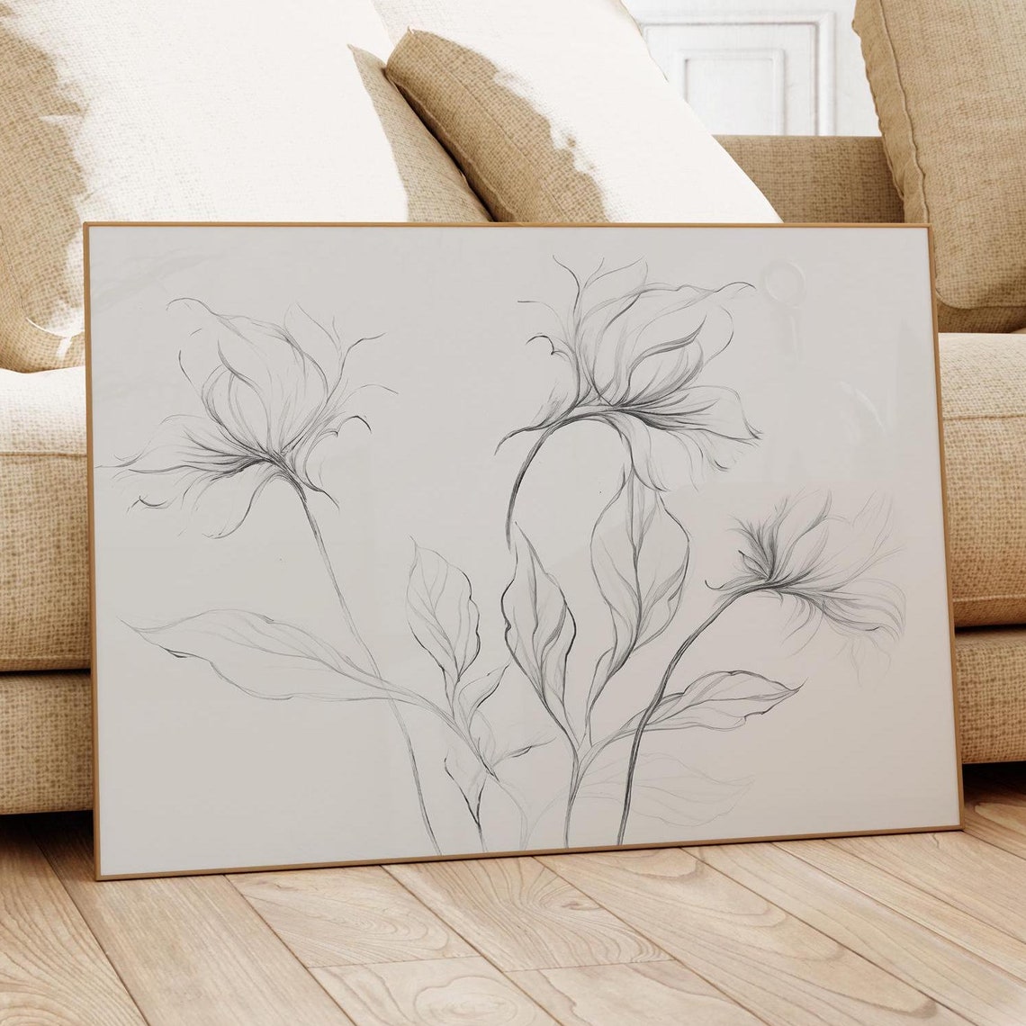 Neutral Botanical Line Art Gray Floral Sketch Minimalist Poster - Image 3