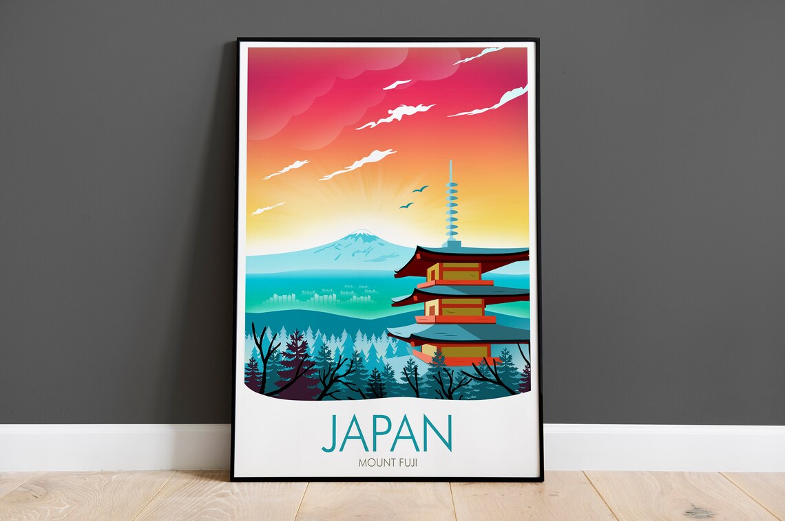 Japan Mount Fuji Pagoda Crimson Sunset Cherry Blossom Sky Poster