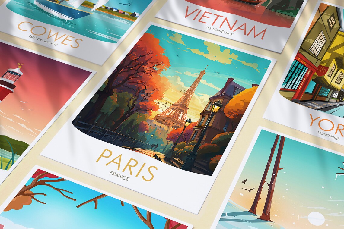 Romantic Paris France Eiffel Tower Autumn Street Scene Travel Poster - Image 3
