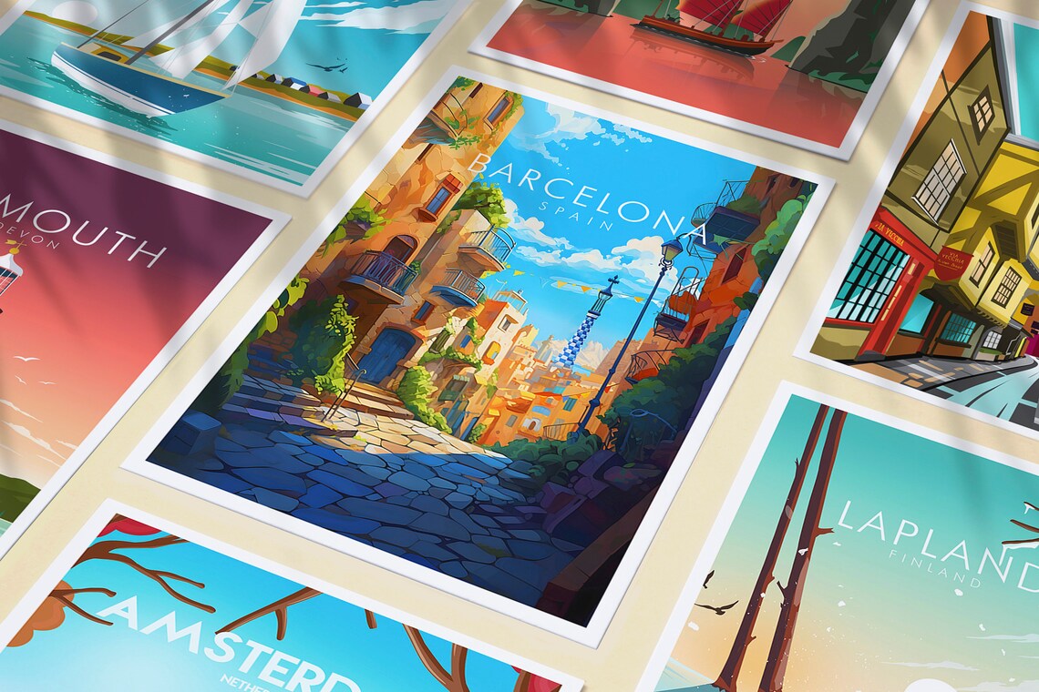 Barcelona Spain Old Town Cobblestone Street Balconies Travel Poster - Image 3
