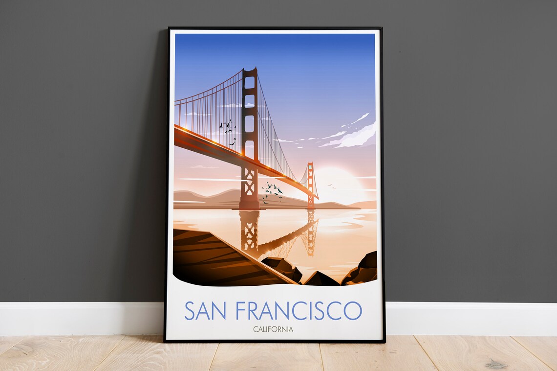 San Francisco Golden Gate Bridge Amber Sunset Scene View Poster