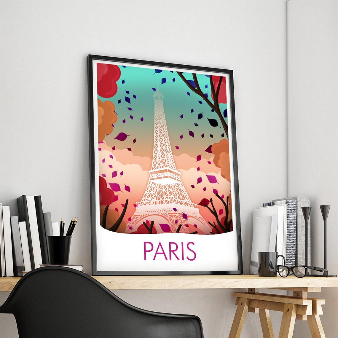 Paris France Eiffel Tower Autumn Leaves Romantic City Art Poster - Image 4