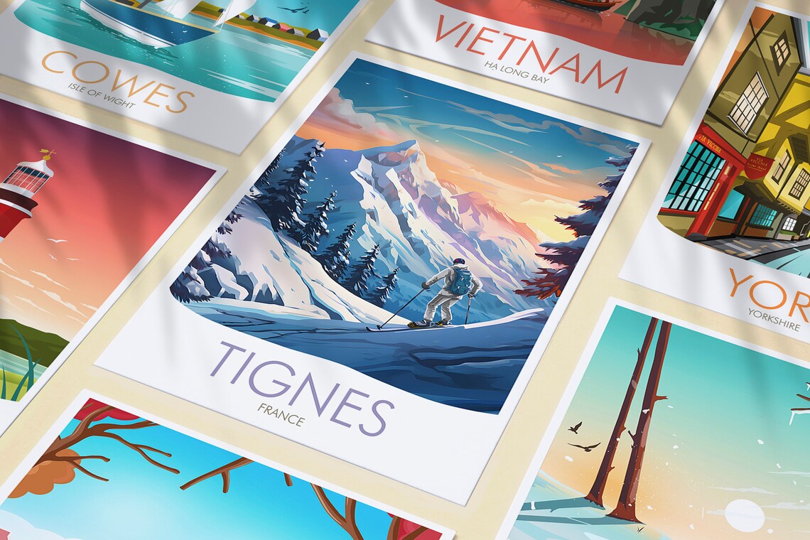 Tignes France Alpine Ski Resort Skier Snowy Peaks Sunset Poster - Image 3
