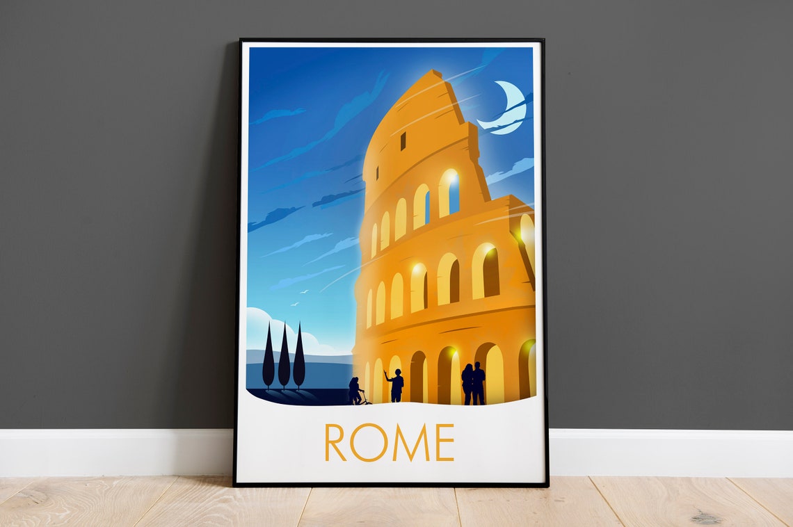 Rome Italy Colosseum Night Moon Ancient Landmark Vintage Art Poster