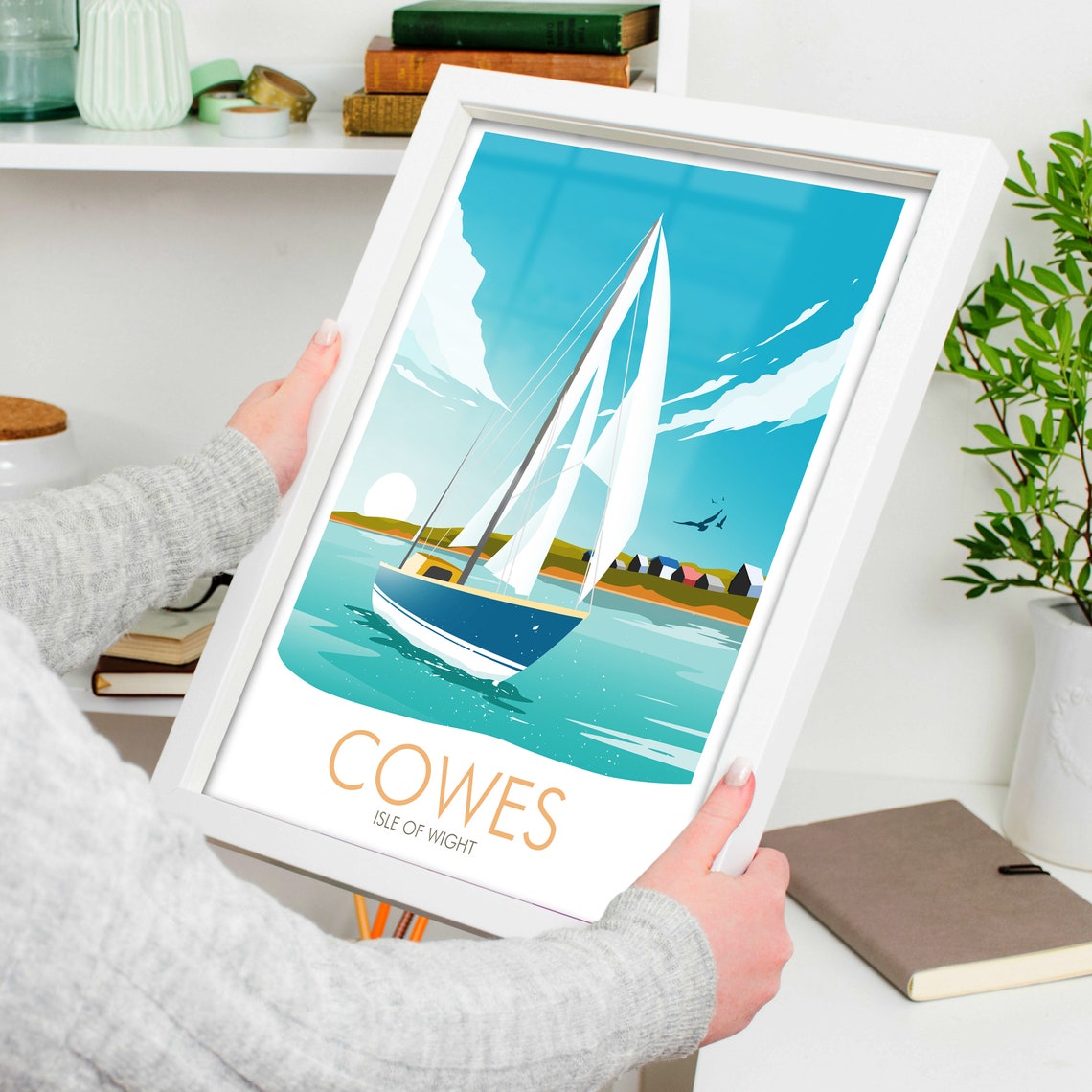 Cowes Isle of Wight Sailboat and Beach Huts Coast View Poster - Image 4