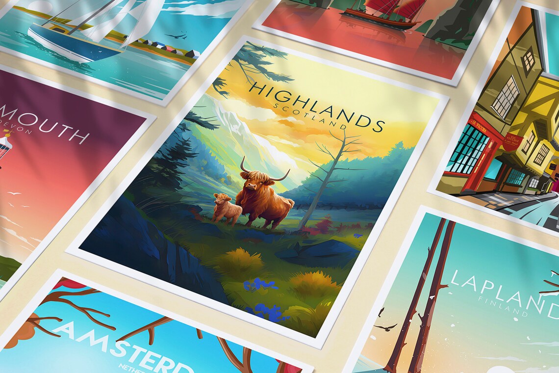 Scottish Highlands Highland Cow Calf Sunset Mountain Travel Poster - Image 3
