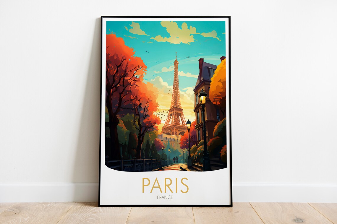 Romantic Paris France Eiffel Tower Autumn Street Scene Travel Poster - Image 2