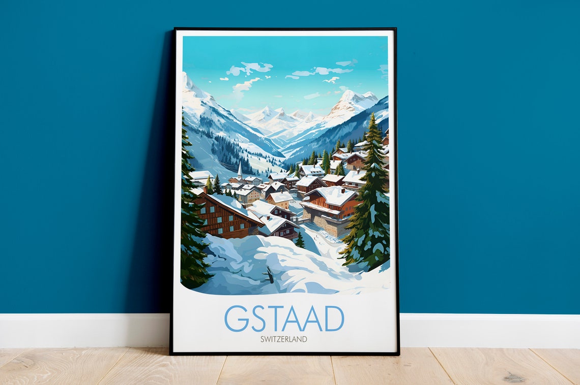 Gstaad Switzerland Snowy Alpine Village Chalets Mountain Poster