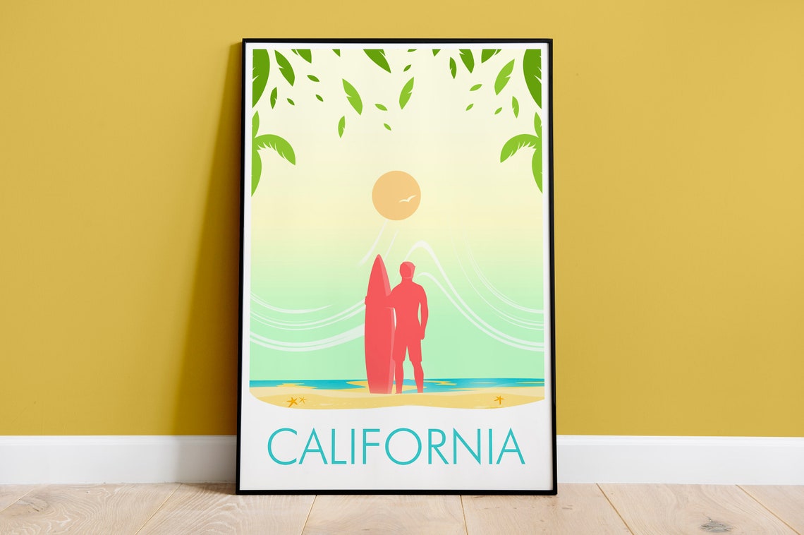 California Surfer Silhouette Golden Beach Sunset Scene Poster
