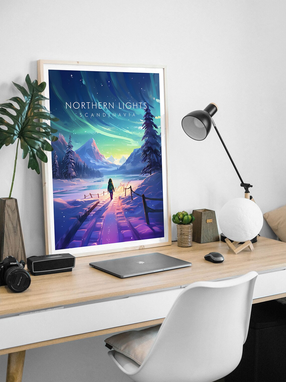 Northern Lights Scandinavia Aurora Snowy Night Travel Poster - Image 2