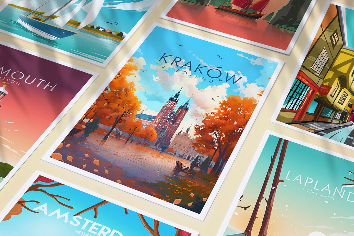 Kraków Poland Historic Old Town Church Autumn Square Travel Poster - Image 3