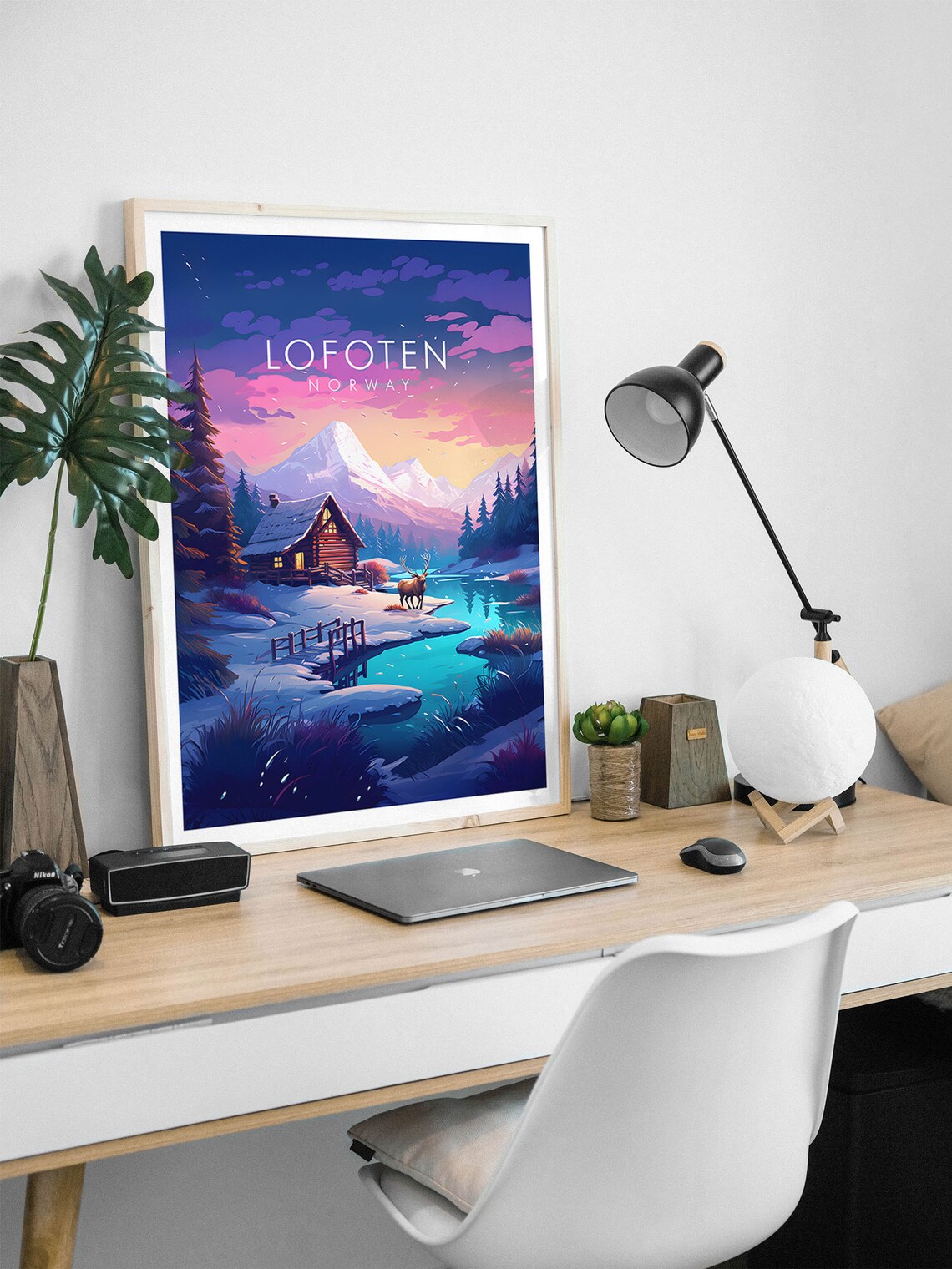 Lofoten Norway Snowy Cabin Reindeer Pink Sunset Fjord Travel Poster - Image 2