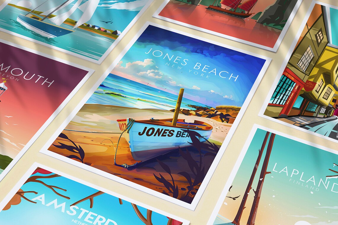 Jones Beach New York Beached Boat Ocean Scene Long Island Summer Travel Poster - Image 3