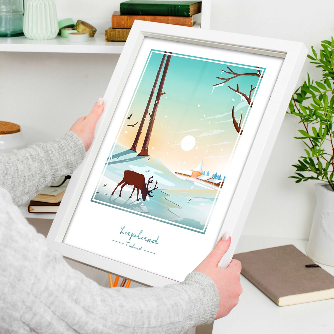 Lapland Finland Minimalist Winter Reindeer Lake Scene Travel Poster - Image 4