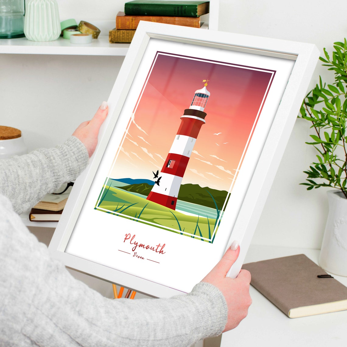Plymouth Devon Striped Lighthouse Sunset Coastal Scene Poster - Image 4