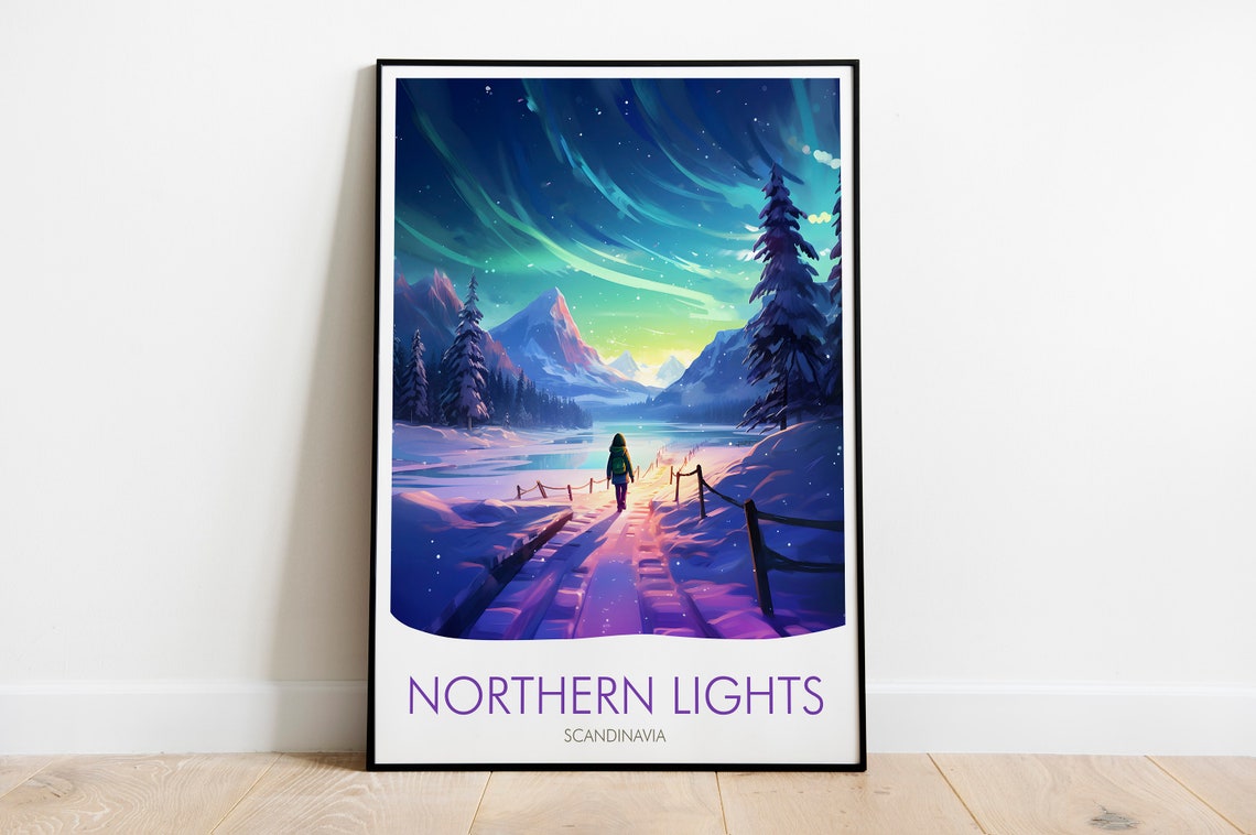 Northern Lights Scandinavia Aurora Borealis Snowy Night Poster - Image 2