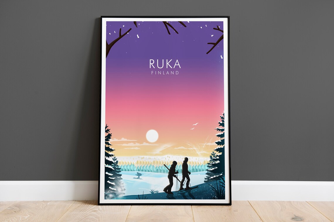 Ruka Finland Ski Resort Winter Sunset Cross Country Skiers Poster