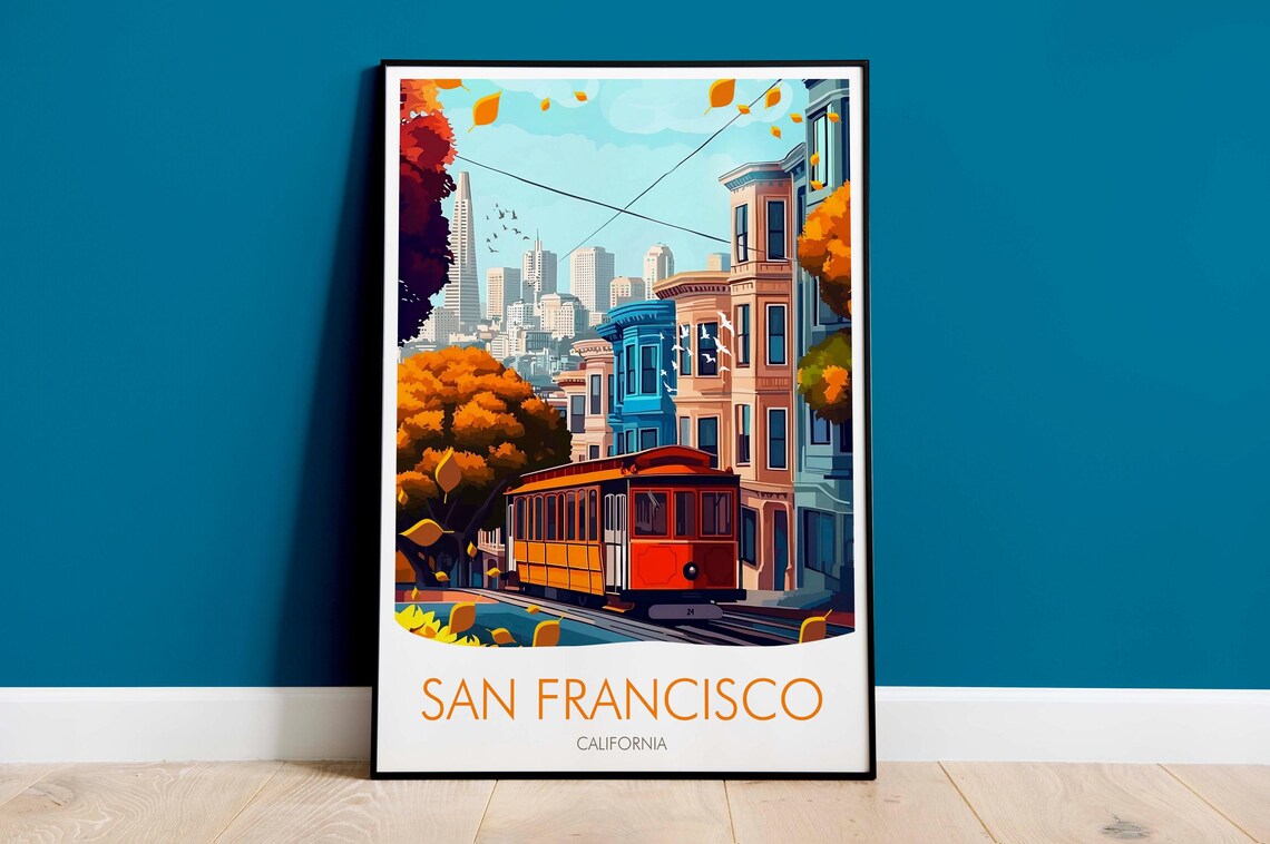 San Francisco California Cable Car Hills Autumn Street Travel Poster