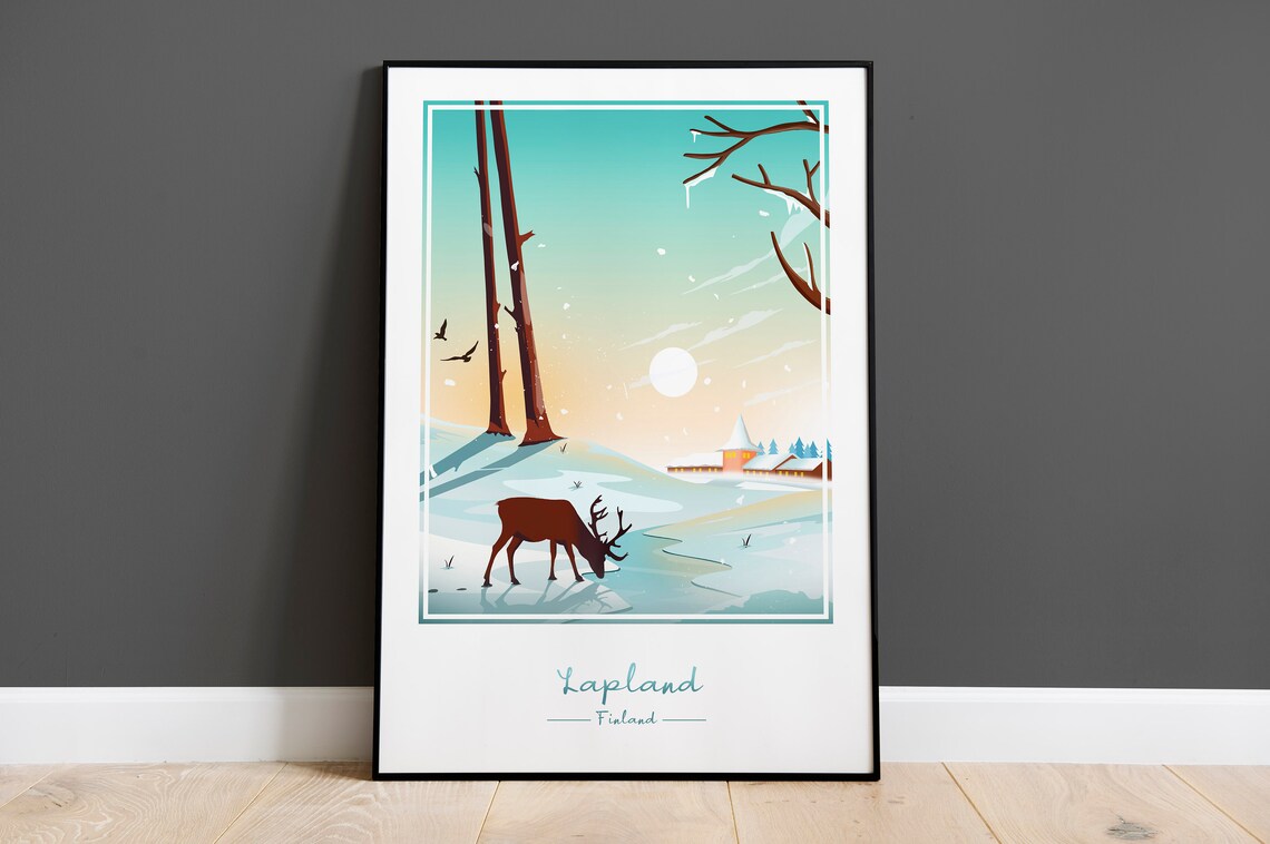 Lapland Finland Minimalist Winter Reindeer Lake Scene Travel Poster