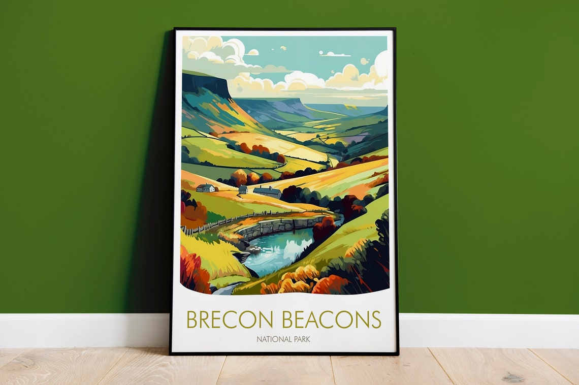 Brecon Beacons National Park Wales Valley Stream Farm Travel Poster