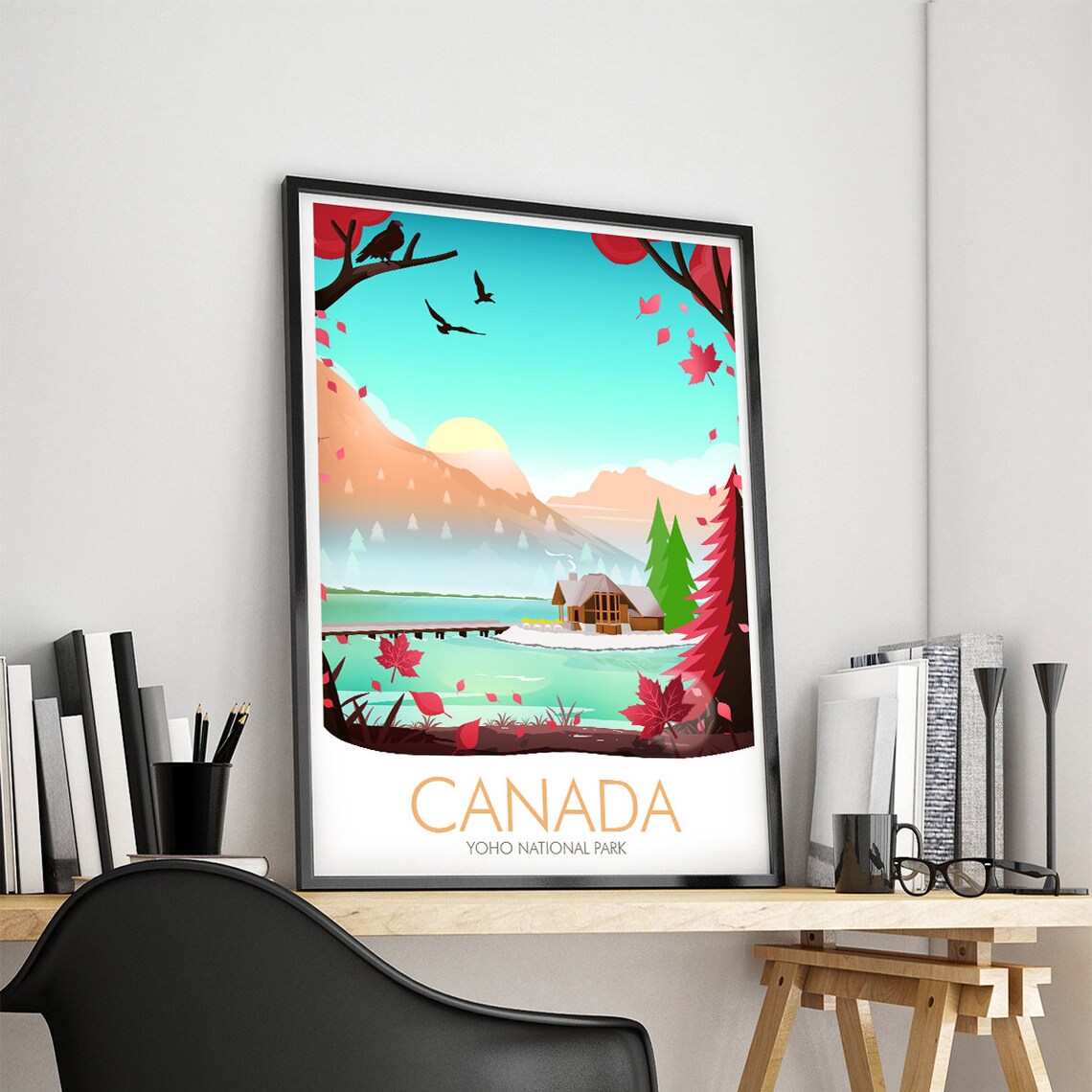Yoho National Park Canada Autumn Lakeside Cabin Travel Poster - Image 3