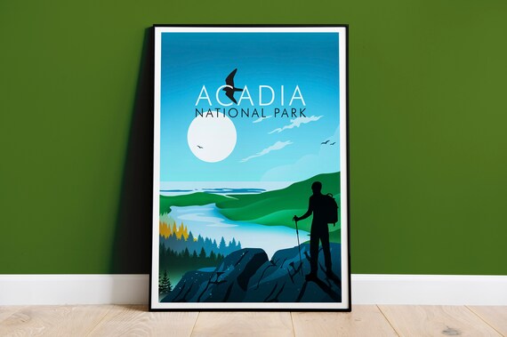 Acadia National Park Hiker Cliff Sunrise Adventure Travel Poster