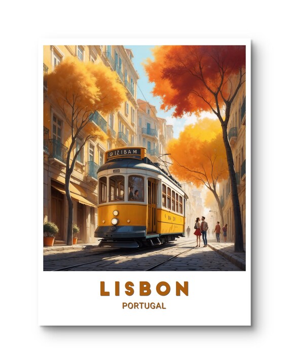 Lisbon Portugal Yellow Tram Autumn Streetscape Travel Poster