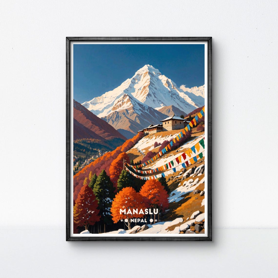 Manaslu Mountain Autumn Red Forest Prayer Flags Nepal Poster