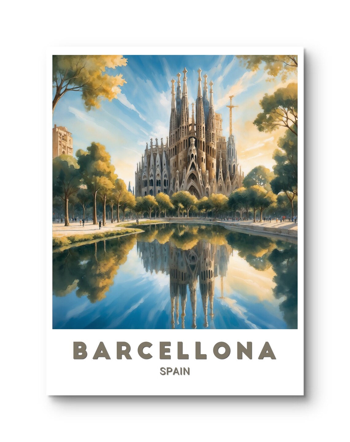 Barcelona Spain Sagrada Familia Cathedral Water Reflection Poster