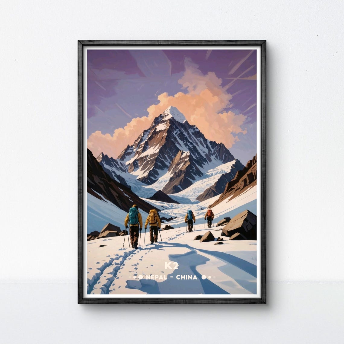 K2 Peak Climbers Ascending Snowy Summit Trail At Dawn Poster