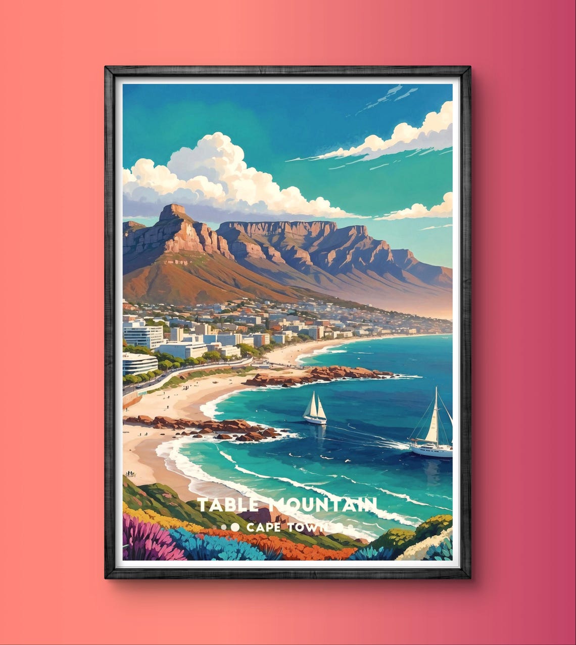 Table Mountain Cape Town Beach Sailboats Coast Travel Poster - Image 3