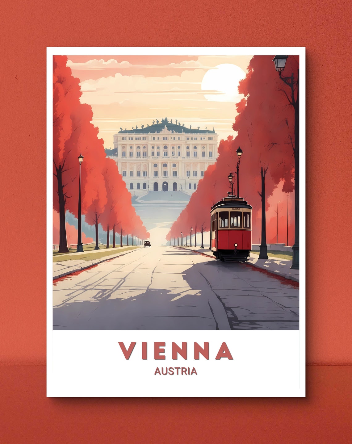 Vienna Austria Tram and Palace Sunset Street Scene Travel Poster