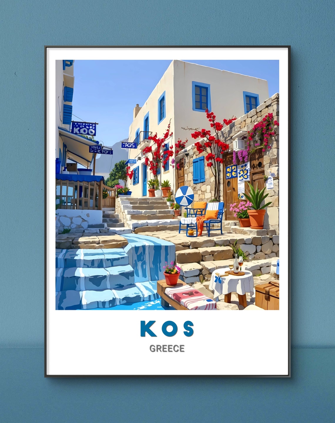 Kos Greece Whitewashed Alley Blue Shutters Sunny Travel Poster - Image 3