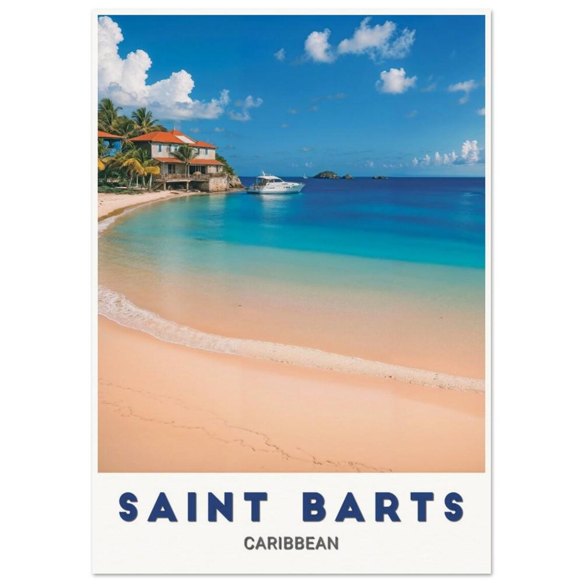 Saint Barts Caribbean Beach Yacht Turquoise Water Travel Poster