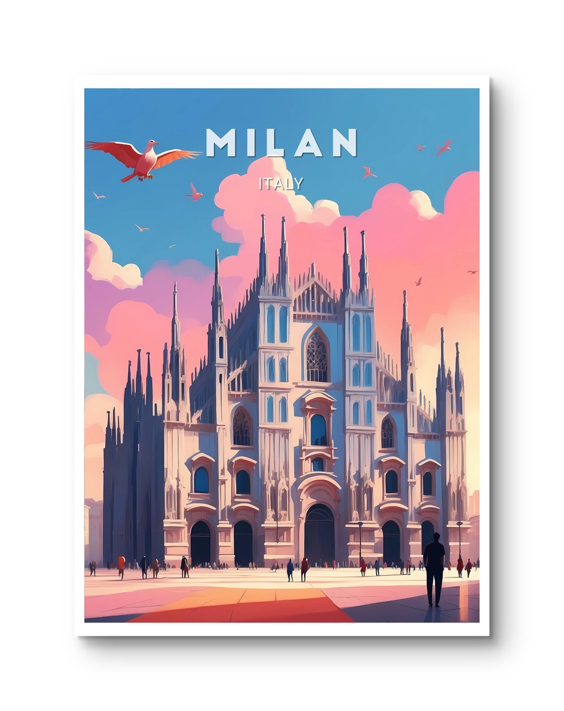 Milan Italy Duomo Cathedral Spires Pink Sunset Clouds Art Poster